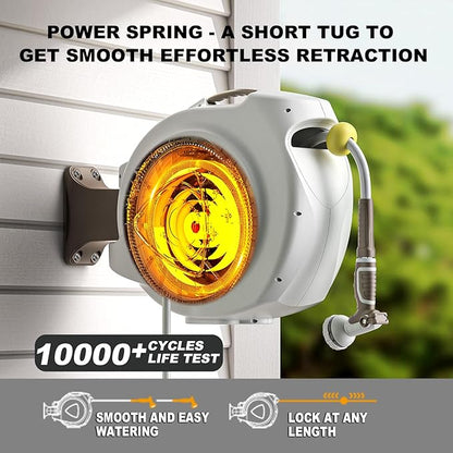 Retractable Garden Hose Reel, 5/8 in 100+6 ft, Heavy Duty Wall Mounted Water Hose Reel, Spring Power Automatic Rewind, Any Length Lock, 180° Swivel Bracket, 10 Pattern Spray Nozzle