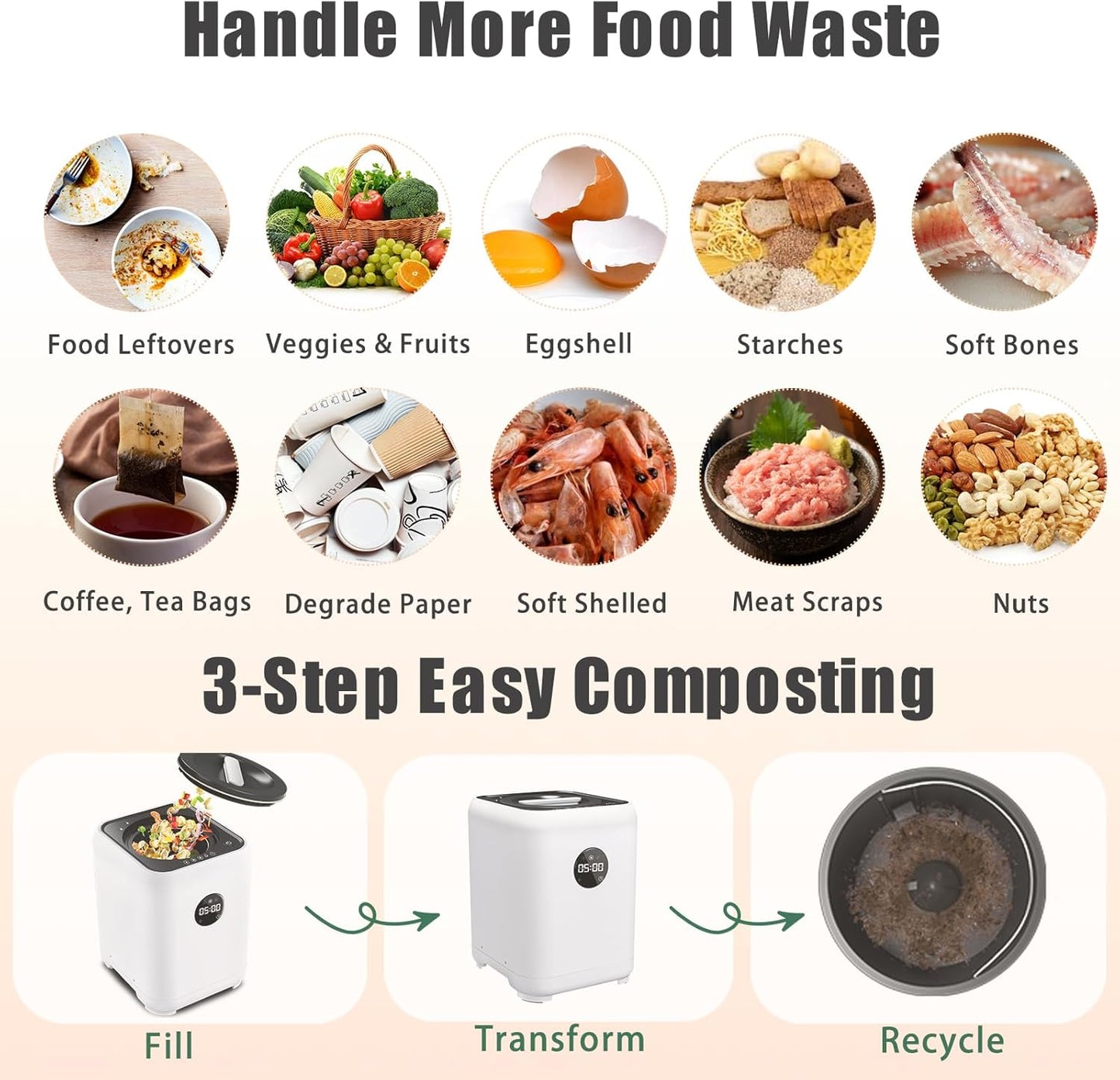 3L Electric Compost Bin Kitchen Composter Counter Top with 2 Detachable Carbon Filter, Auto-Cleaning, Smart Panel, 3 Mode Food Waste Composter for Home, Turn Waste into Dry Fertilizer Machine