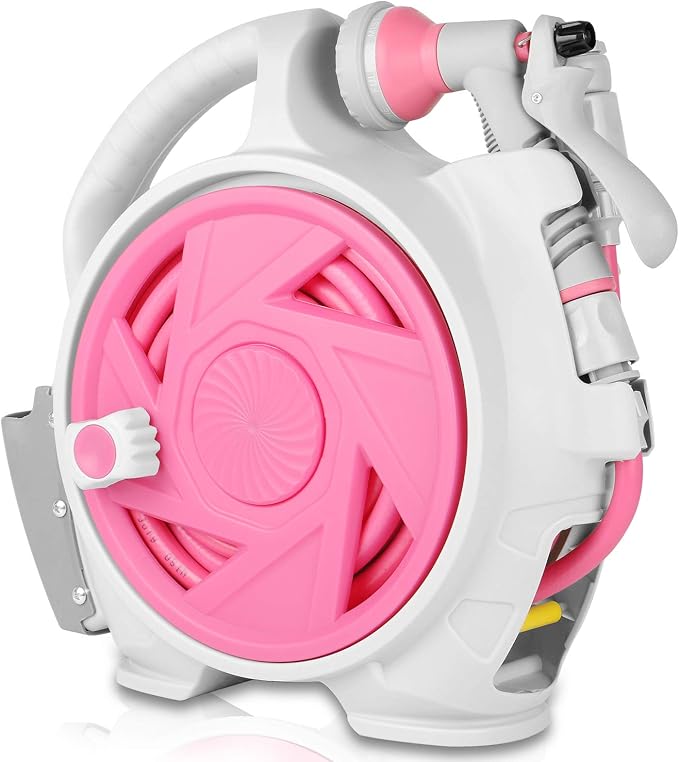 Garden Retractable Hose Reel, Portable Simple Home Hose Reel 45+5 FT with 7 Patterns Spray Nozzle, Wall Mounted and Any Length Lock for Garden Watering, Car Washing, Pet (Red Rose)