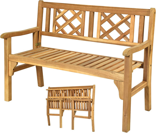 Tangkula Folding Outdoor Wood Garden Bench, Foldable Acacia Wood Patio Bench with Wide Curved Armrest & Backrest, Outside 2-Person Loveseat Chair for Entryway, Yard, Deck, Balcony & Park
