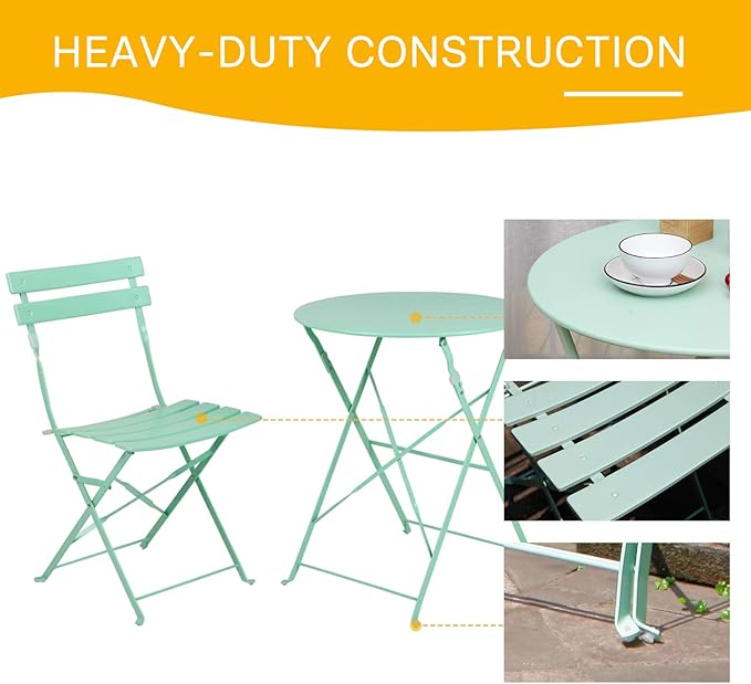 Grand patio 3-Piece Steel Foldable Bistro Set, 2 Chairs and 1 Table, Weather-Resistant Outdoor/Indoor Conversation Set for Patio, Yard, Garden-Macaron Blue