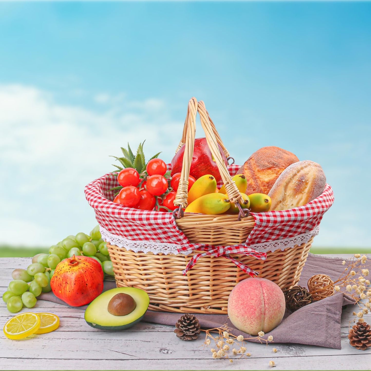 14.2 Inch Natural Wicker Basket with Linen Cotton Cloth Lining, Oval Wicker woven Basket with Handle, Willow Woven Picnic Baskets for Picnic, Camping, Party(Large)