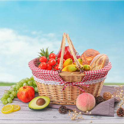 14.2 Inch Natural Wicker Basket with Linen Cotton Cloth Lining, Oval Wicker woven Basket with Handle, Willow Woven Picnic Baskets for Picnic, Camping, Party(Large)