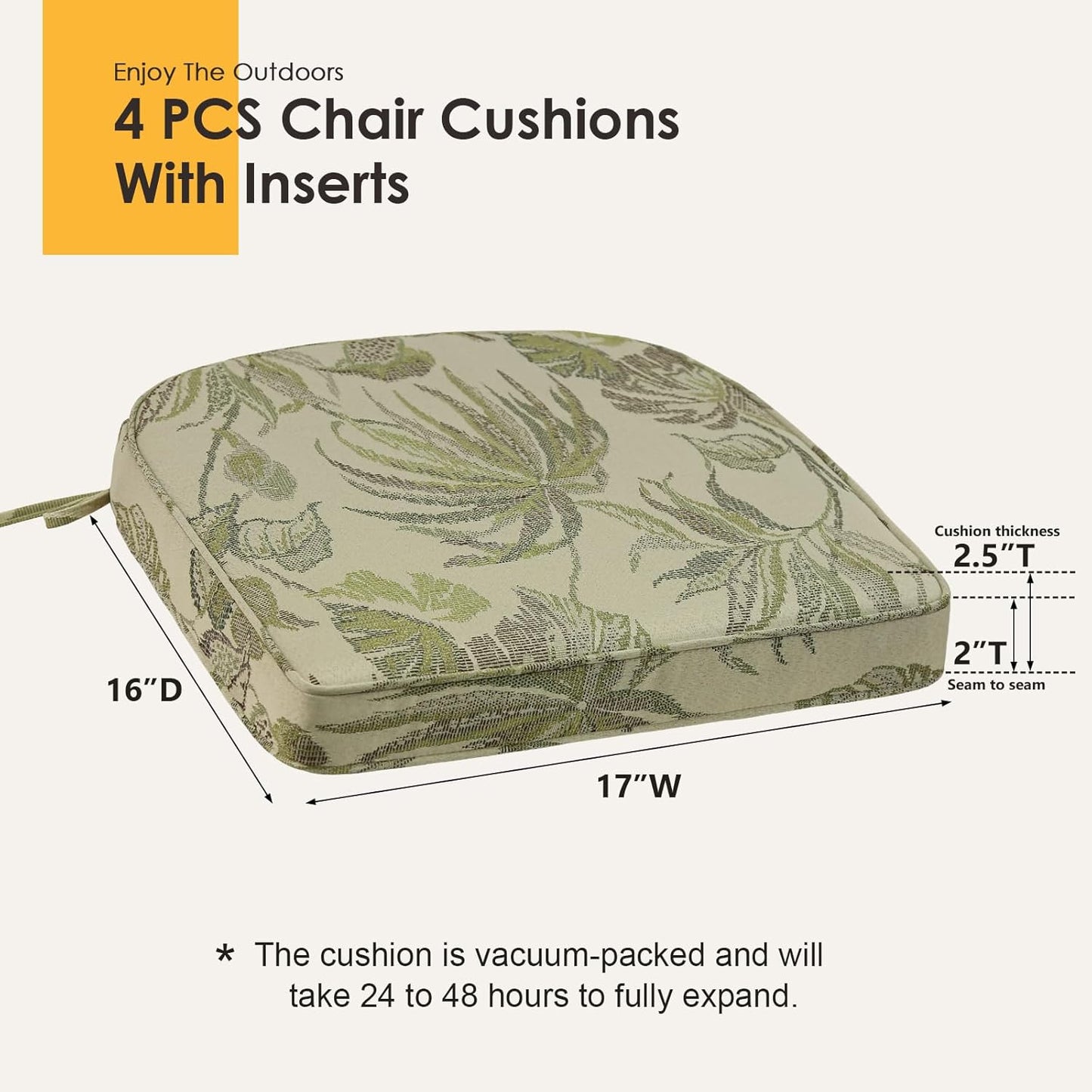 Outdoor Round Corner Seat Cushion, 17"x16"x2", Set of 4, Non Slip Seat Cushion Pads with Removable Cover for Patio Furniture, Garden Yard Lawn, Dark Green Vine