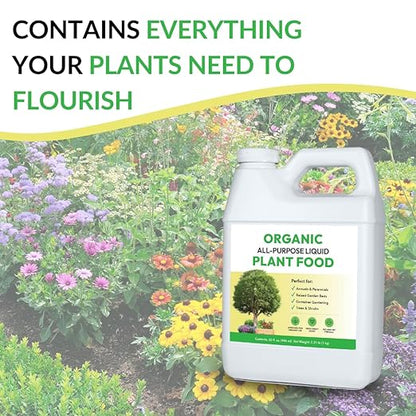 Organic All-Purpose Liquid Plant Food - Use on All Outdoor Plants: Flower Beds, Vegetable Gardens, Container Gardening | Concentrated Liquid Fertilizer Alternative (32oz, Mixes to 32 Gallons)