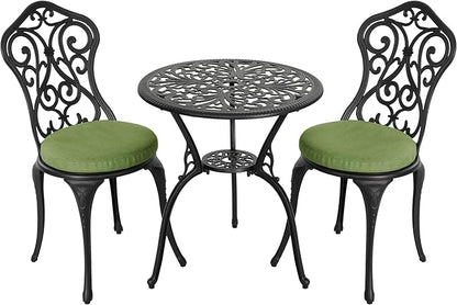 NUU GARDEN Patio 3-Piece Bistro Set with Cushions, Patio Chairs and Outdoor Round Table with Umbrella Hole, Cast Aluminum Patio Set for Lawn, Garden, Porch, Poolside, Black