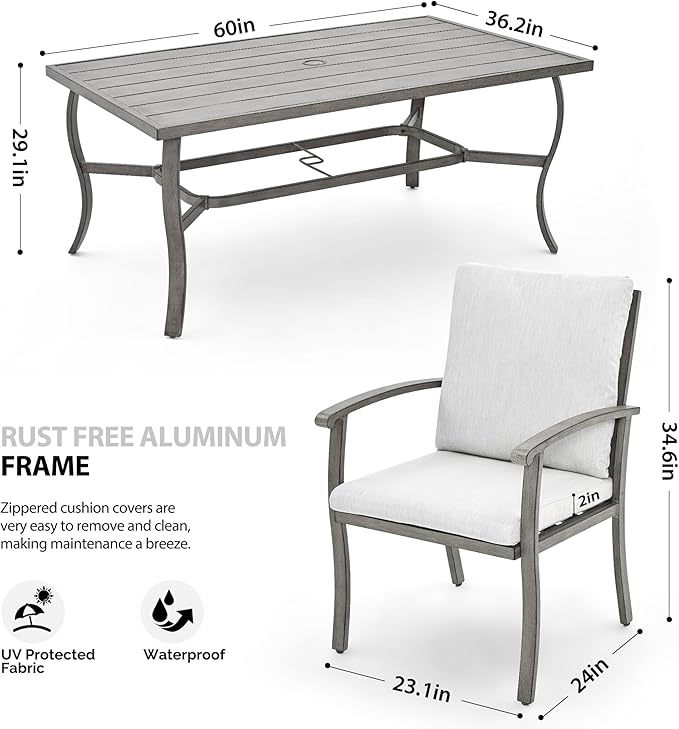 HAPPATIO 7 Piece Patio Dining Set, Aluminum Outdoor Dining Set for 6, Aluminum Dining Table and Chairs Set, Patio Furniture with Table, Chairs and Washable Cushions (Gray)
