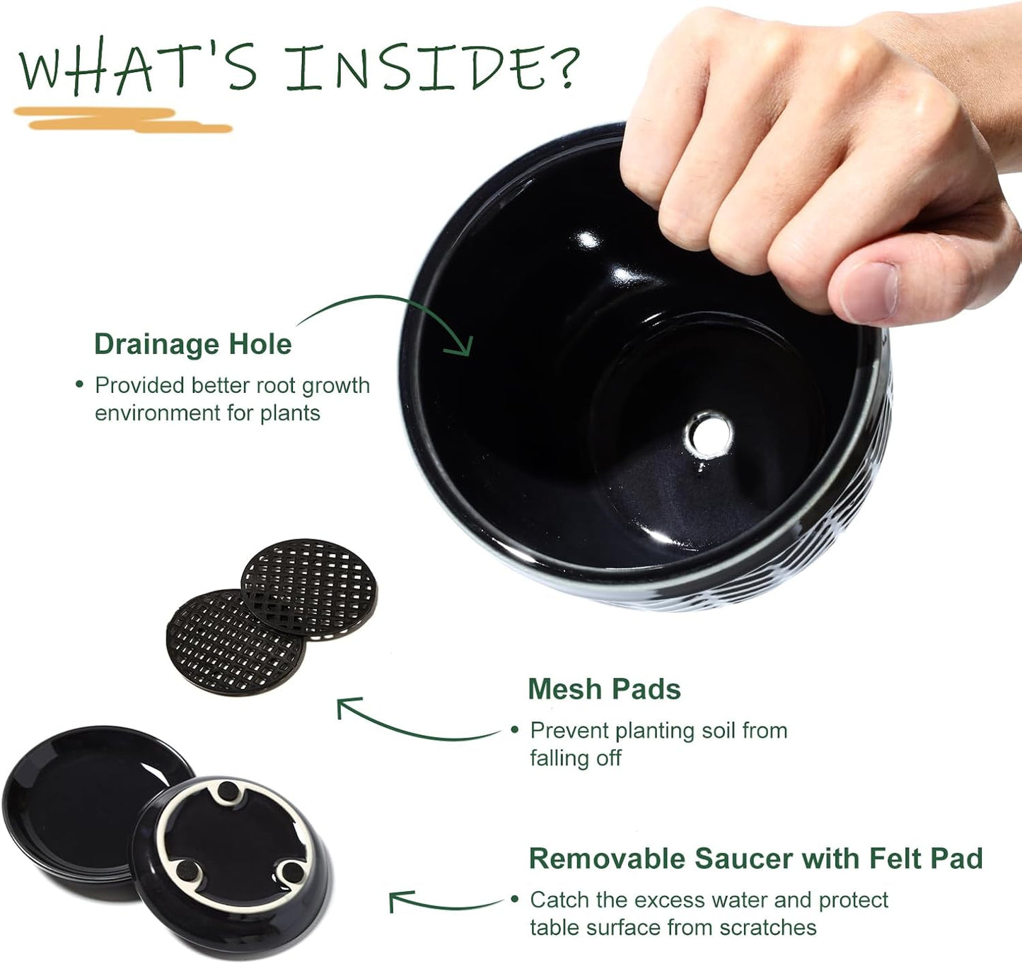 Sureasy Ceramic Plant Pots, 4.7 Inch Flower Pots for Indoor Plants, Succulent Pots with Saucer and Drainage Hole, Decorative Planter for Succulent, Cactus, Set of 4, Black