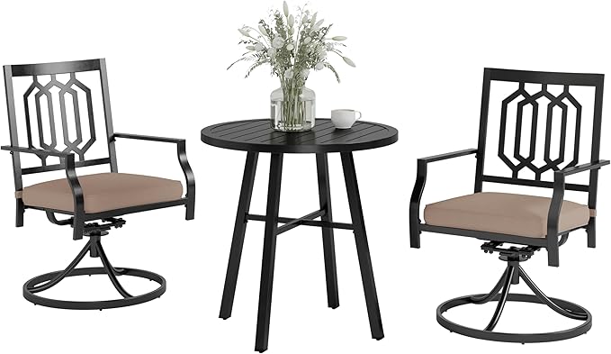 PHI VILLA 3 Piece Outdoor Bistro Set for 2, Metal Steel Round Table & Swivel Wrought Iron Chairs with Cushions, Small Furniture Conversation Set for Patio, Porch, Deck, Balcony