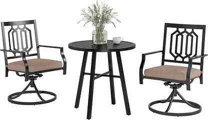PHI VILLA 3 Piece Outdoor Bistro Set for 2, Metal Steel Round Table & Swivel Wrought Iron Chairs with Cushions, Small Furniture Conversation Set for Patio, Porch, Deck, Balcony