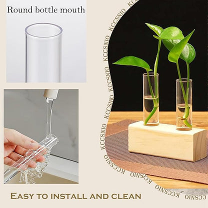 Desktop Glass Plant Propagation Station with 2 Tubes and Wooden Stand - Hydroponic Plant Cuttings Holder for Office Desk, Home Decor, Terrarium