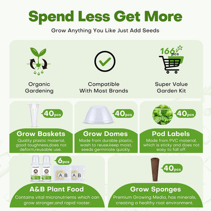 Ahopegarden 166PCS Hydroponic Pods Herb Kit: Grow Anything Kit With 600ml A&B Plant Food, 40 Grow Sponges, 40 Baskets, 40 Domes, 40 Labels, 1 Tweezer - Hydroponics Supplies for Aerogarden & Most Brand