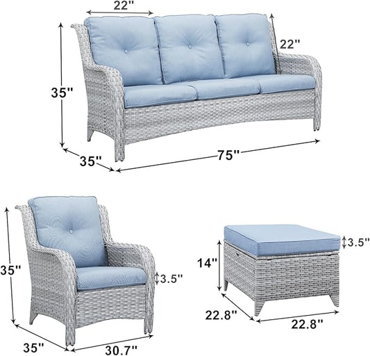 Rilyson Outdoor Patio Wicker Furniture Set - 5 Piece Rattan Patio Conversation Sectional Sofa Set with 1 Couch,2 Armchairs,2 Ottomans for Porch Deck Garden(Light Grey/Sky Blue)