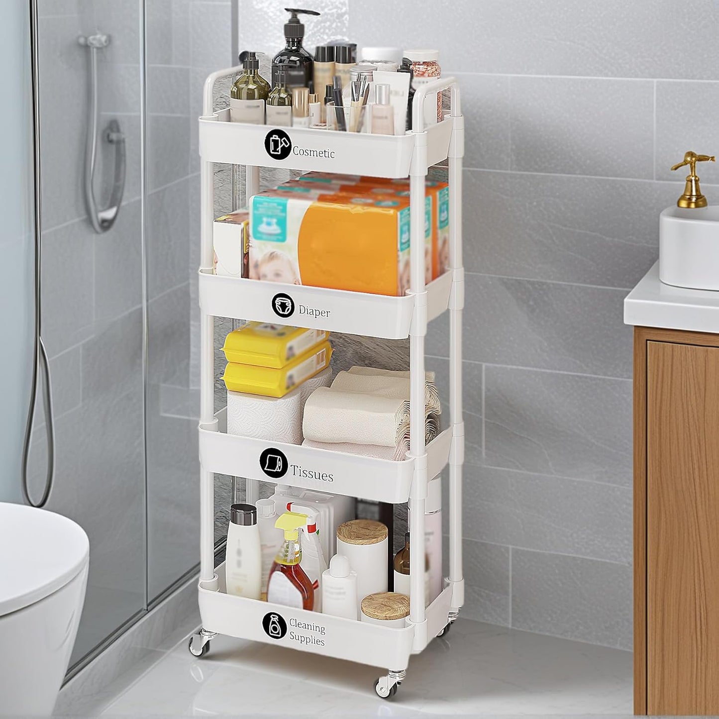 UDEAR 4-Tier Rolling Utility Cart with 12 Category Labels,Multifunctional Storage Shelves with Handle and Lockable Wheels for Room,Office,Kitchen,Bathroom,White