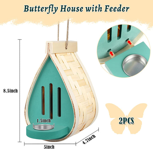 2 Pcs Butterfly House and Feeder, Wooden Hanging Butterfly House for Garden, Natural Butterfly Habitat with Butterfly Puddler for Bugs, Butterflies, Moths, Lacewings