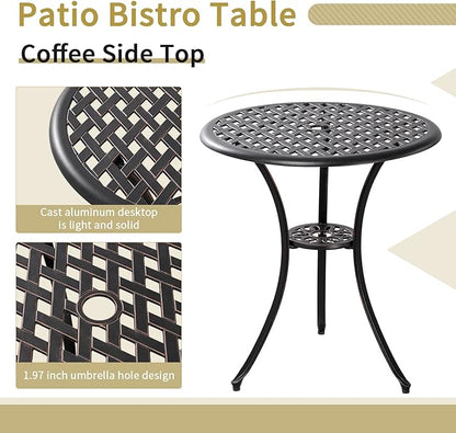 3 Piece Bistro Patio Set Cast Alumiunm Patio Furniture Set,All Weather Bistro Table and Chairs Set of 2 with 1.97" Umbrella Hole,Outdoor Patio Bistro Sets for Garden（Antique Bronze）