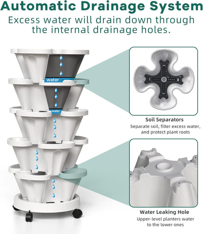 Strawberry Vertical Planter 2 Pack, 6 Tiered Stacking Garden Tower, Stackable Herb Vegetable Planters with Support Pole Indoor Outdoor Black
