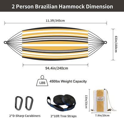 Brazilian Double Hammock with Tree Straps,Extra Large 94x63IN,2 Persons Hammock for Backyard Patio Outdoor and Indoor,450lbs Weight Capacity,Soft Woven Cotton Fabric - Coffee Stripe