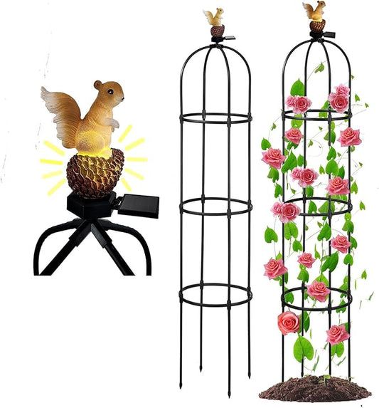 Garden Obelisk Trellis for Climbing Plants Outdoor, Rose Bush Round Trellis with Squirrel Head Auto Sensor Solar Light Tomato Plant Support for Raised Beds Vines Cucumbers Tomato Cage 59'' High,I Pack
