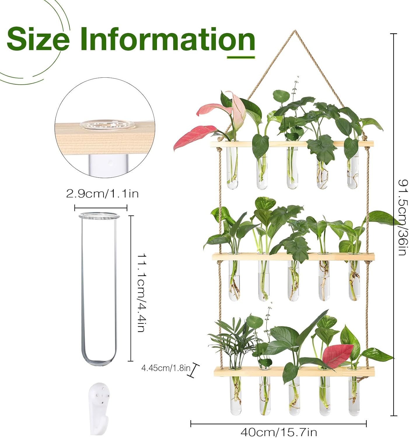 XXXFLOWER Wall Hanging Propagation Station with Wooden Stand 5 Glass Test Tubes 3 Tiered Planters Wall Terrarium for Home Office Plant Hanger Flower Vases Wall Decor Hydroponic Cuttings