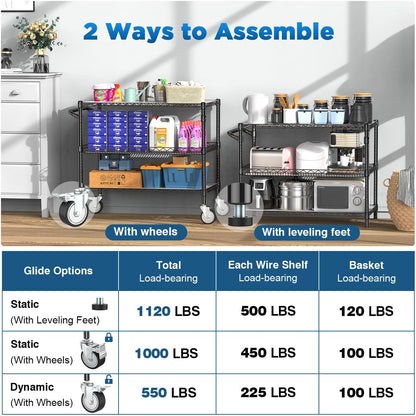 Leteuke 1120LBS Heavy Duty Rolling Utility Cart,3 Tier Rolling Carts with Wheels,NSF Commercial Grade with Handle Bar & Shelf Liners,45"x25"x39" Storage Cart for Kitchen,Restaurant,Plant Display,Black