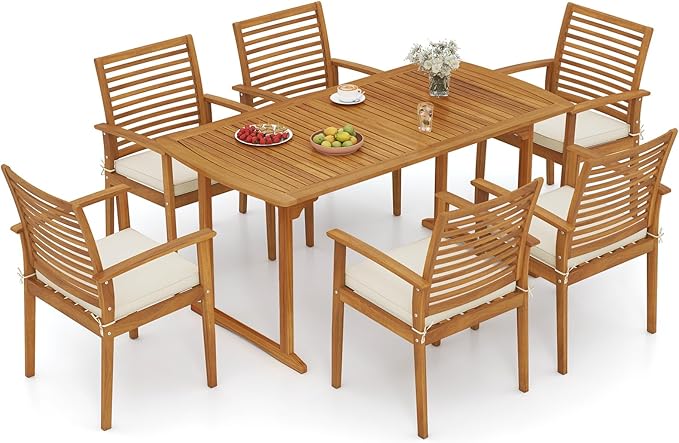 Tangkula 7 Piece Patio Acacia Wood Dining Set for 6, Patio Rectangle Table with Umbrella Hole & 6 Cushioned Armchairs, for Backyard Garden Poolside Deck, Natural