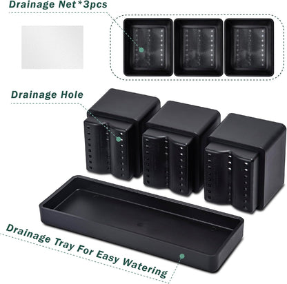 D'vine Dev Herb Garden Planter Set, Plastic Plant Pots with Drainage and Saucer, Indoor Succulent Cactus Vegetable Pot for Windowsill, Garden Balcony, Black, Set of 1, 76-V-B-1