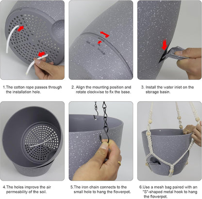Self Watering Hanging Planters 10 inch, 2 Pack Hanging Flower Pots for Indoor Outdoor Plants, Hanging Baskets with Drainage Holes & 2 Kinds of Plant Hangers for Garden Decor, Speckled Grey