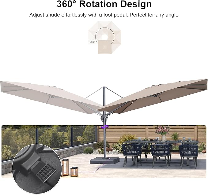 PURPLE LEAF 11' X 8' Swivel Outdoor Patio Aluminum Umbrella with Base Left-right Tilting Cantilever Offset Umbrella with UV Resistant Heavy Duty Fabric for Deck Pool Patio Backyard, Sand Dune