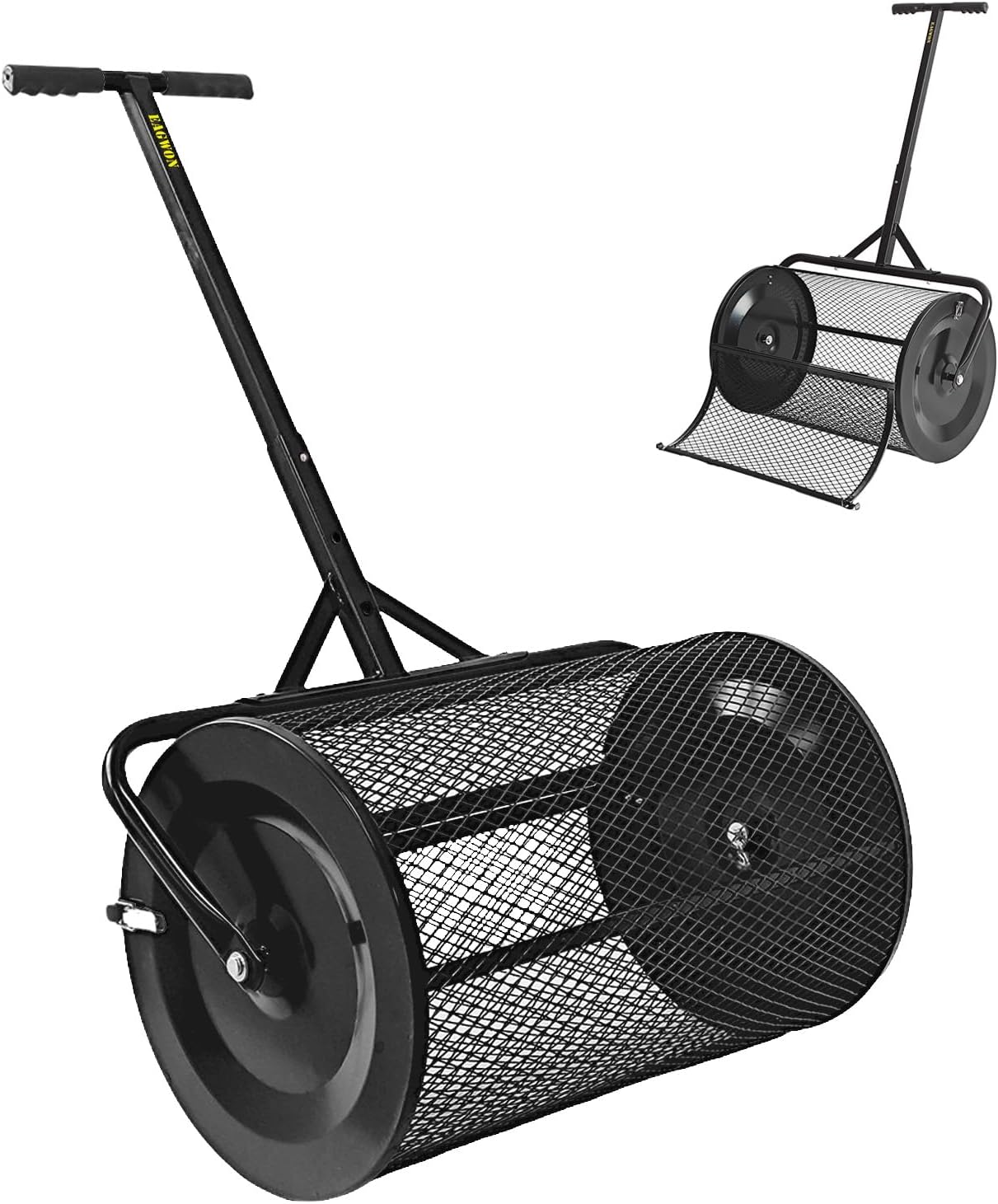 Compost Spreader, 24" Peat Moss Spreader, Roller Lawn Spreader with 3 Heights T Shaped Handle, Side Latches Powder Coated Steel Mesh Basket, Lawn & Garden Spreader for Spreading Manure Topsoil Black