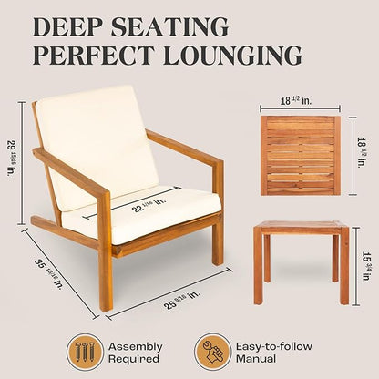 IDZO Natural 3-Piece Patio Bistro Sets with Foldable 400lbs Weight Chairs, a 220lbs Shelf Table, Made from FSC-Certified Acacia Wood, Featuring Washable Cushions and an Ergonomic Design