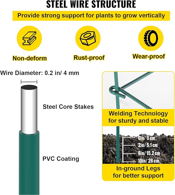 VEVOR Tomato Cages, 11.8" x 11.8" x 46.1", 10 Packs Square Plant Support Cages, Green PVC-Coated Steel Tomato Towers for Climbing Vegetables, Plants, Flowers, Fruits