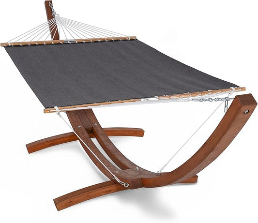 SUNCREAT Quick Dry Hammocks Standing Backyard Hammock with Stand, 2 Person Heavy Duty Poolside Hammock with 13.5 ft Wooden Stand, Dark Gray