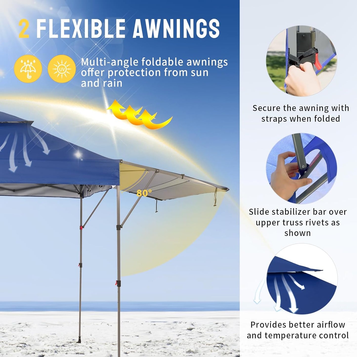 CROWN SHADES 10x10 Pop up Canopy Tent Patended Centerlock Instant Commercial Canopy with 150D Silver Coated Fabric Including 2 Extend Awnings, 4 Ropes, 8 Stakes, 4 Weight Bags, Navy Blue