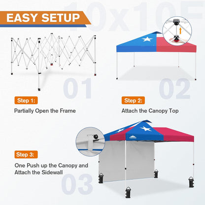 EAGLE PEAK Pop Up Canopy Tent with 1 Sidewall, Easy Setup Event Tent, Outdoor Sun Shade, Wheeled Carry Bag, Stakes and Guy Ropes, Instant Canopy 10x10, Tex Flag