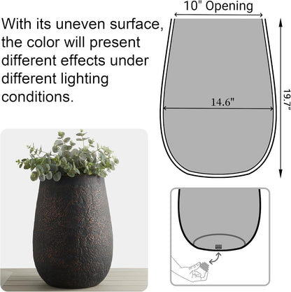 Weathered Concrete 19.7 Inch Tall Planter, Large Decorative Flower Pot with Drainage Hole, Round Plant Container for Home, Garden, Patio, Courtyard, A Dusting of Bronze Rust with Green Tone, 1 Pack
