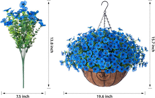 Artificial Fake Hanging Plants Flowers with Basket Outdoor Decor Faux Silk Daisy Flower Arrangements in Pot Planter for Porch Home Indoor Patio Garden Yard Decoration, Blue