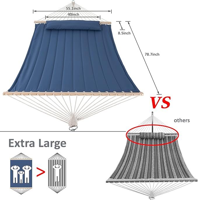 SUNCREAT Hammocks Double Hammock with 13.5 ft Wooden Stand Included, Outdoor Hammocks for Outside, 475 lbs Capacity, Blue