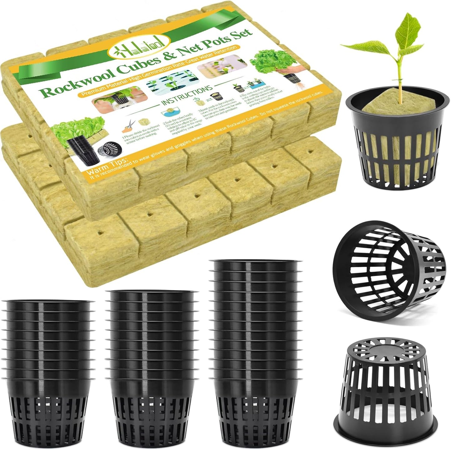 Halatool 48 x 2-Inch Rockwool Cubes & 48 x 3-Inch Net Cups - Hydroponics Starter Kit for Plants Cloning, Seed Starting, and Patio Gardening - Durable, Effective, Great Gift Option