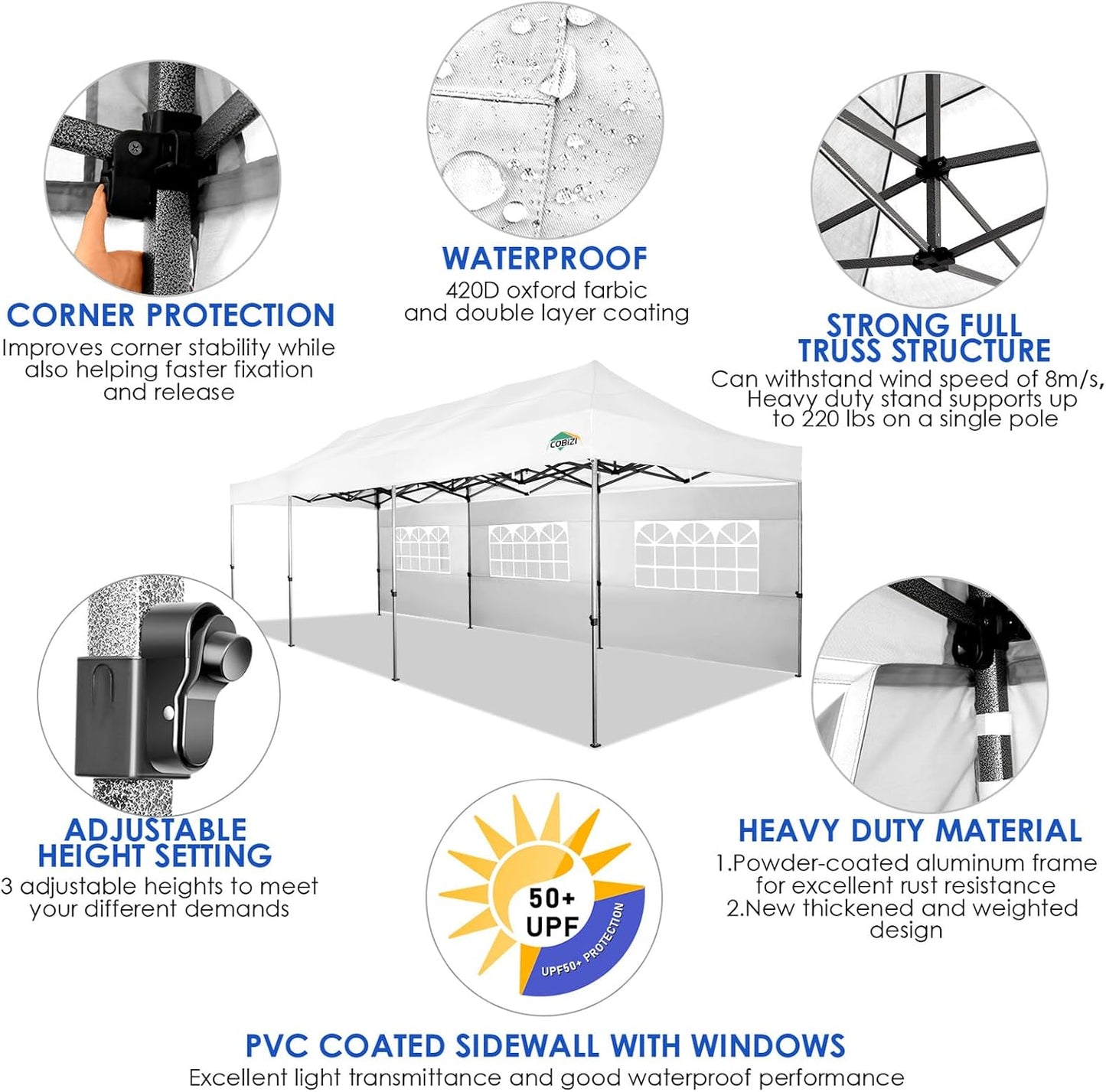 COBIZI 10x30 Pop up Canopy Tent 10x30 Canopy with Sidewalls, Heavy Duty Party Tent Tents for Parties, Foldable UPF 50+ Waterproof Commercial Easy up Canopy with Roller Bag, White(Windproof Upgraded)