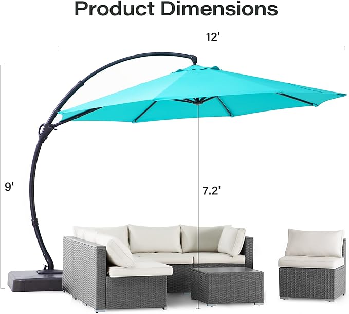 LAUSAINT HOME Outdoor Patio Umbrella with Base, 12 FT Deluxe Curvy Cantilever Umbrella Heavy Duty Offset Hanging Umbrella with 360° Rotation for Market, Pool, Garden, Backyard, Deck (Turquoise Blue)