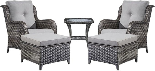 Rilyson Wicker Patio Furniture Set - 5 Piece Rattan Outdoor Sectional Conversation Sets with 2 Chairs,2 Ottomans and 1 Side Table for Porch Deck Garden(Mixed Grey/Grey)