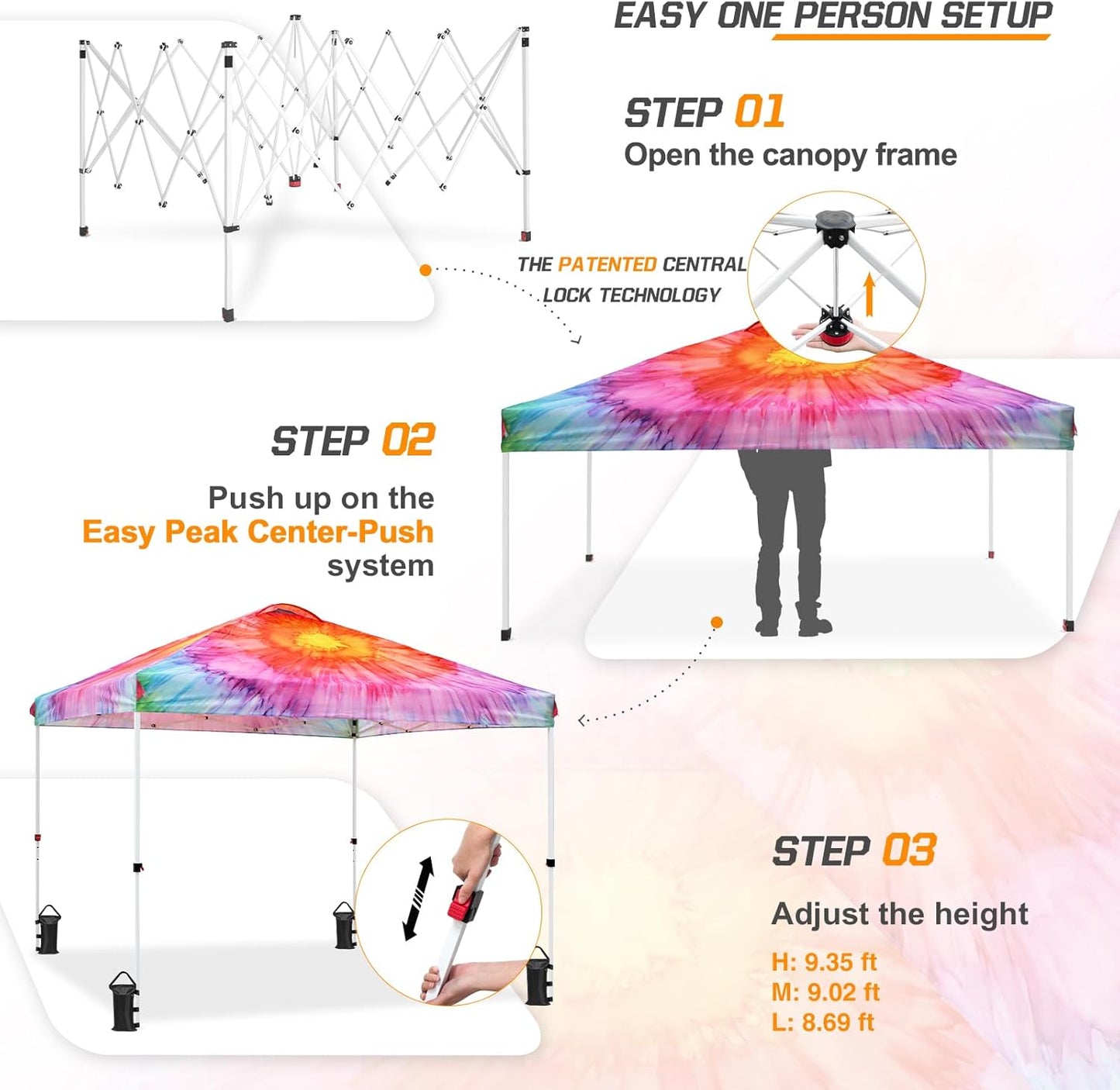 EAGLE PEAK Pop Up Canopy Tent with Wheeled Carry Bag, 8 Stakes, 4 Ropes, 4 Weight Bags, Easy Set Up Tent Canopy, 10x10 ft, 100sqft of Shade, Floral Tie Dye