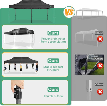 COBIZI 10x20 Pop up Canopy Tent Heavy Duty with 6 Sidewalls, Easy Set-up Commercial Outdoor Party Tent, 100% Waterproof Wedding Tent Gazebo, 3 Height Adjustable with Wheeled Bag, Black