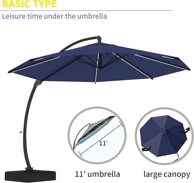 Kingdura 11ft Offset Cantilever Patio Umbrella with Solar Lights, Large Round Outdoor Umbrella with Base Included, Aluminum Frame, 360° Rotation & Infinite Tilt for Deck Pool Backyard, Dark blue