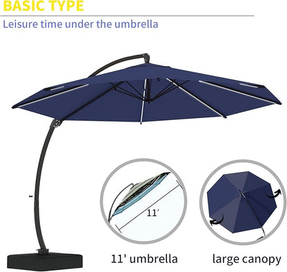 Kingdura 11ft Offset Cantilever Patio Umbrella with Solar Lights, Large Round Outdoor Umbrella with Base Included, Aluminum Frame, 360° Rotation & Infinite Tilt for Deck Pool Backyard, Dark blue