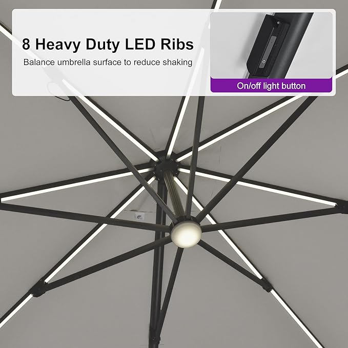 PURPLE LEAF 10 Feet Patio Umbrella Outdoor Cantilever Solar Powered LED Swivel Square Umbrella Aluminum Offset Umbrella with 360-degree Rotation for Garden Deck Pool Patio White