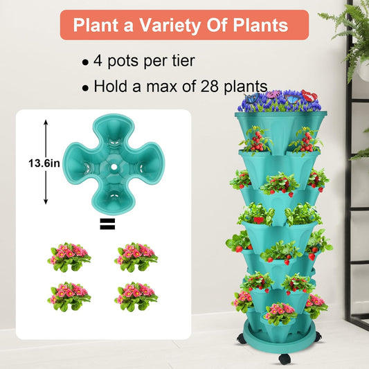 DUNCHATY Stackable Vertical Garden Planter with Tool Set, Self Watering 7 Tier Herb Planter for Indoor/Outdoor Growing, Teal