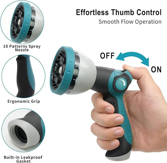 Hose Nozzle, Garden Hose Nozzle with 10 Spray Patterns, Thumb Control On Off Valve, Adjustable and Heavy Duty for Washing Car, Watering Plants, Washing Pets, and Home Use