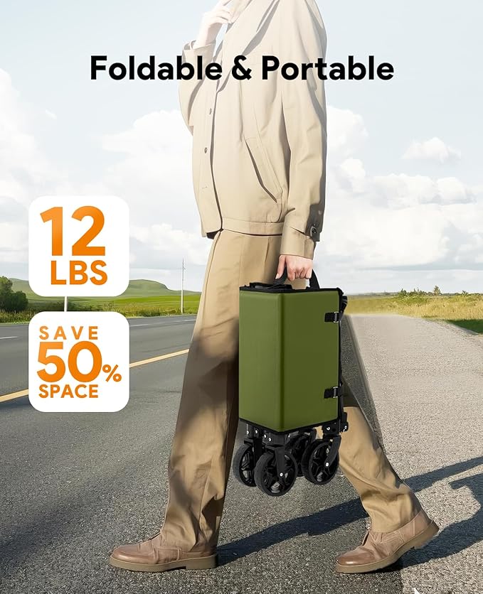 Collapsible Wagon Cart with Wheels 220lbs Foldable Wagon 120L Shopping Cart for Groceries Folding Utility Wagon for Beach, Garden, Camping, Sport, Wheelbarrows, Green